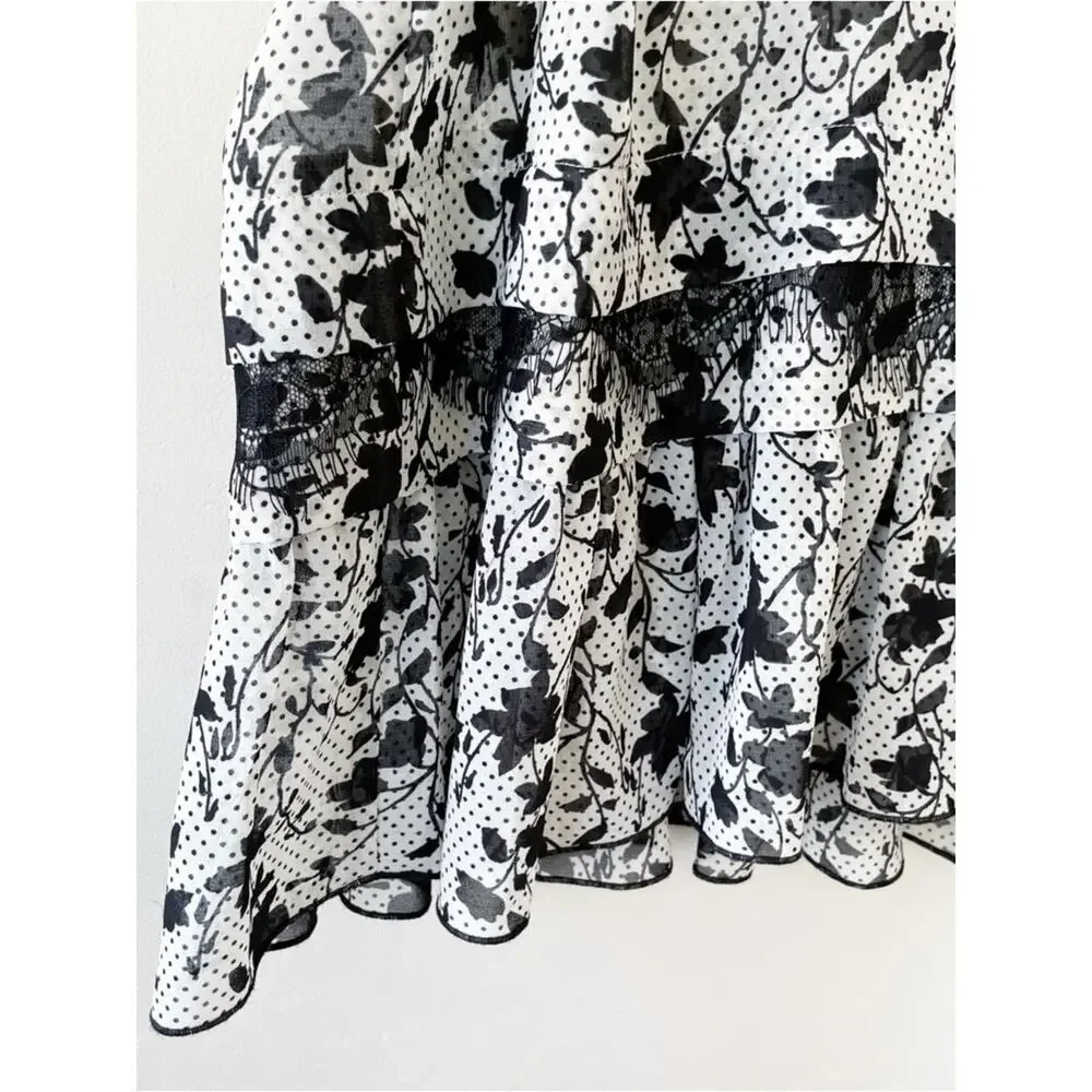 CAbi Black & White Floral Ruffle Tiered Tank Size Medium LIKE NEW
